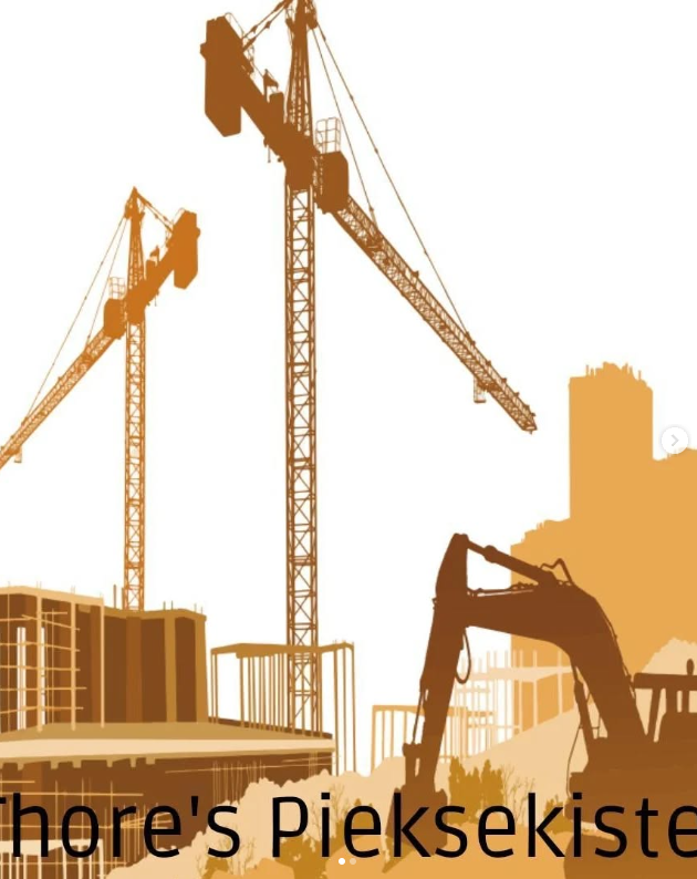 Grafik mit Baukränen und dem Schriftzug Thore’s Pieksekisten.