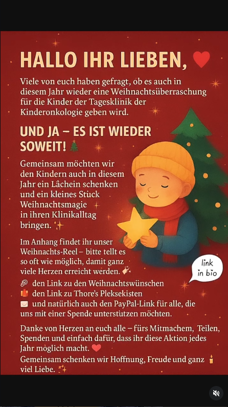 Eine weihnachtliche Grafik kündigt die Weihnachtsaktion für Kinder in der Kinderonkologie an.
