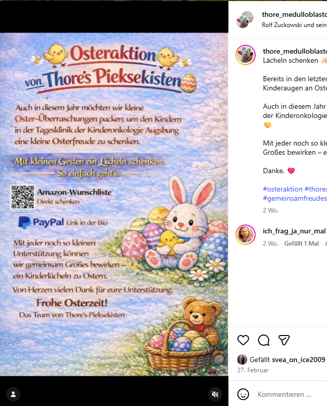 Ein Osteraktions-Poster von Thore’s Pieksekisten mit Hase, Ostereiern und Spendenhinweisen.