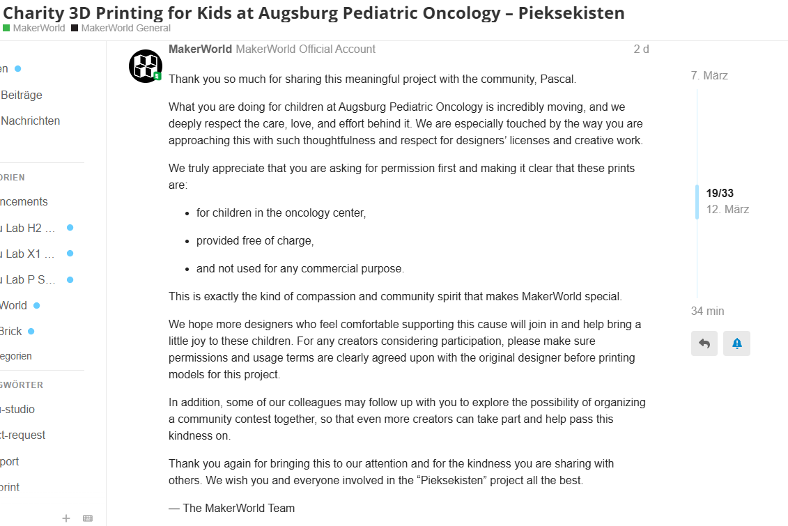 Offizielle Antwort von MakerWorld im Forum zum Projekt Thore seine Pieksekisten.