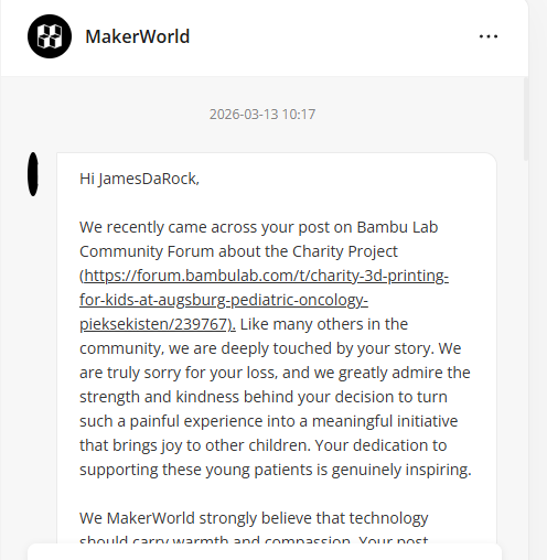 Persönliche Nachricht von MakerWorld zum Projekt Thore seine Pieksekisten.