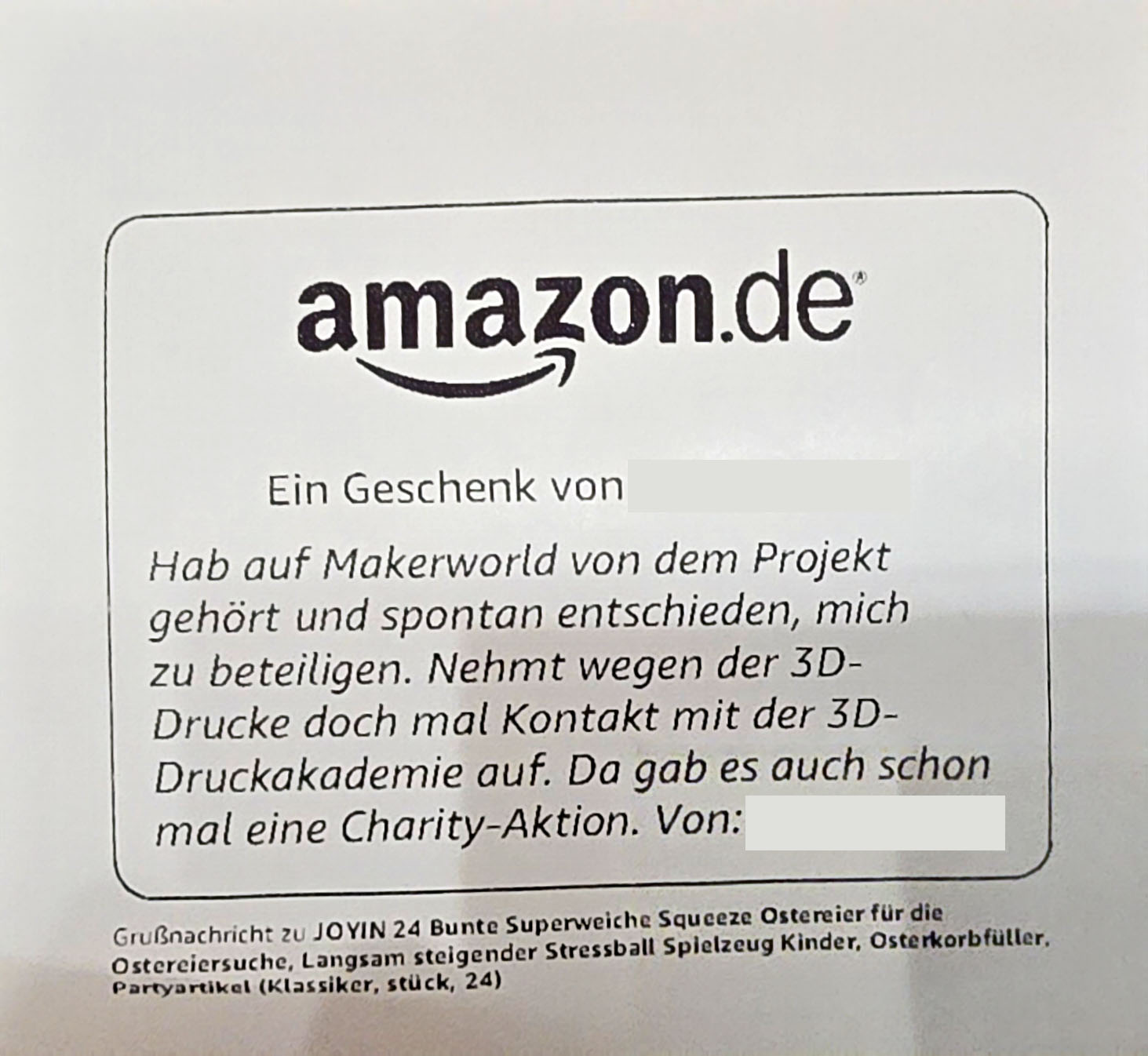 Unterstützung für die Osteraktion von Thore seine Pieksekisten über eine Bestellung aus der Wunschliste.